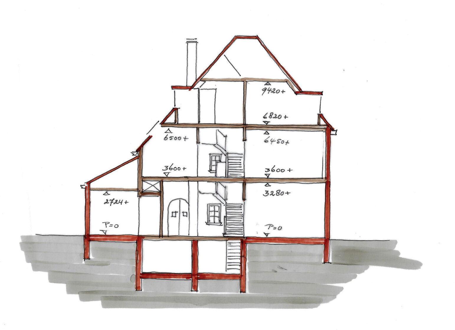 Handschets van een doorsnede van een woning ten behoeve van restauratie en uitbreiding