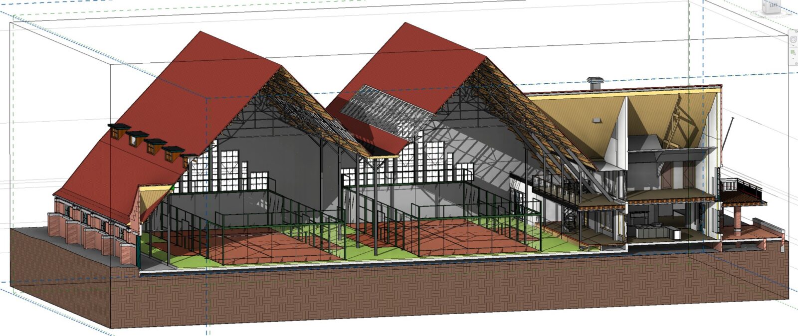Doorsnede van 3D-model van de tennishal met padelbanen op Tennispark Nieuw Marlot