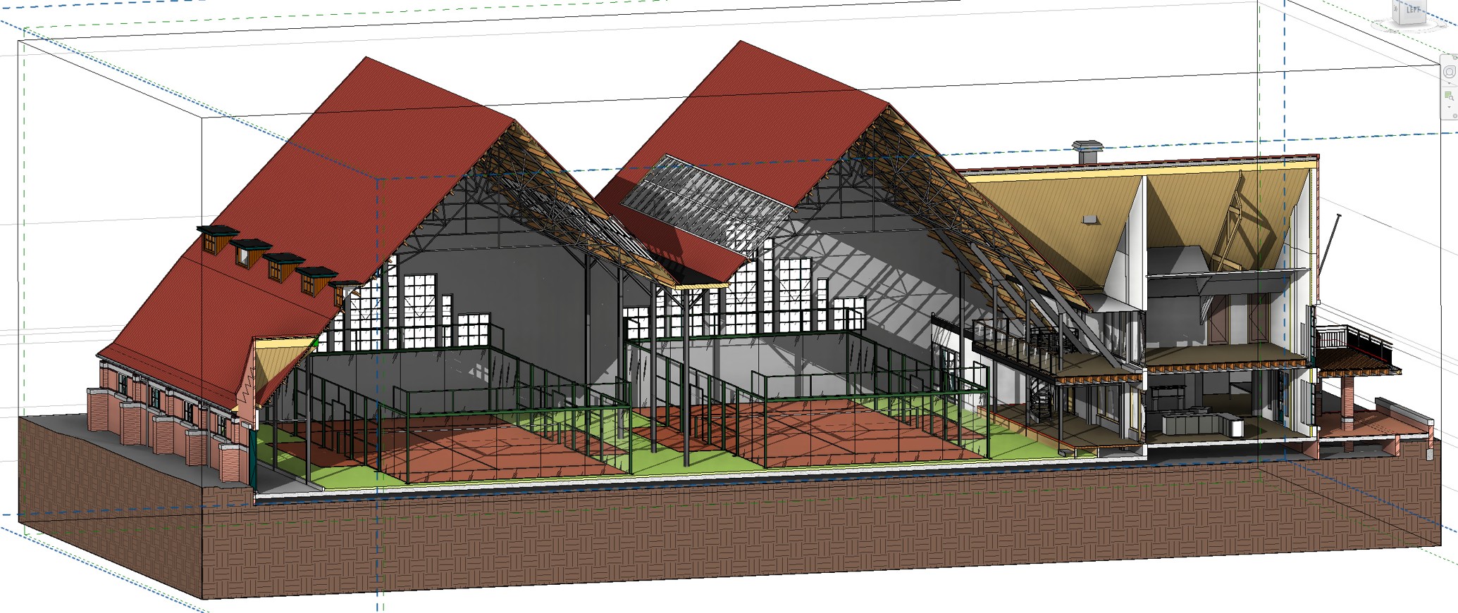 Doorsnede van 3D-model van de tennishal met padelbanen op Tennispark Nieuw Marlot