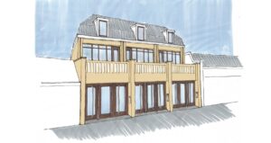 Ontwerpschets voor de nieuwe gevel aan het Tuinpad voor een herontwikkeling van Langstraat 57 in Wassenaar.
