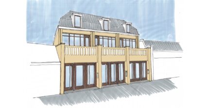 Ontwerpschets voor de nieuwe gevel aan het Tuinpad voor een herontwikkeling van Langstraat 57 in Wassenaar.